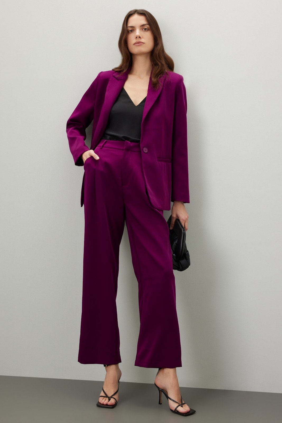 Endless Rose Plum Purple High Waisted Pleated Wide Leg Suit Trouser Pants Size M